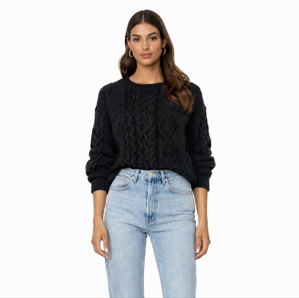 Free People Dream Cable Jumper Sweater In Black Size S